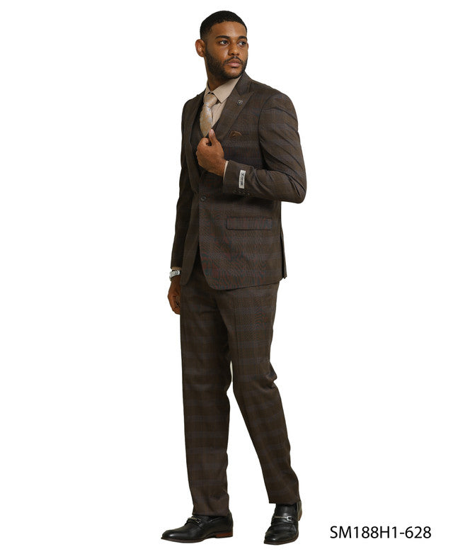 Brown Glen Check 3 Piece Notch Lapel Stacy Adams Men's Suit
