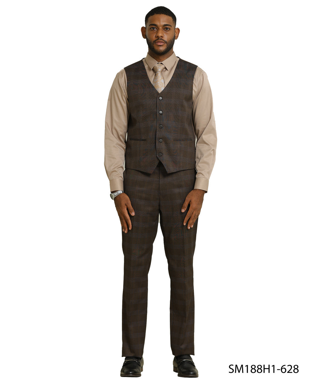 Brown Glen Check 3 Piece Notch Lapel Stacy Adams Men's Suit