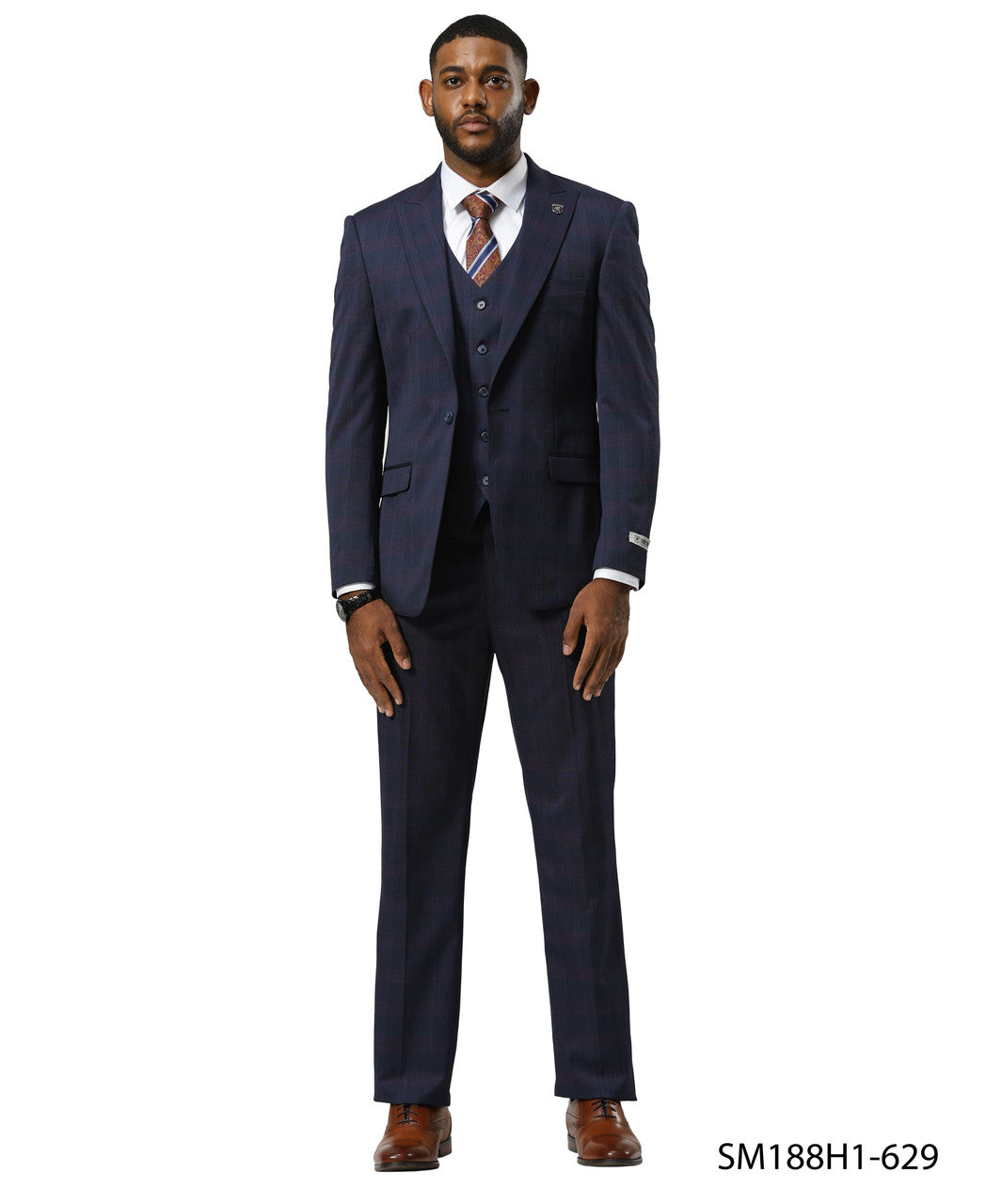 Navy Glen Check 3 Piece Notch Lapel Stacy Adams Men's Suit