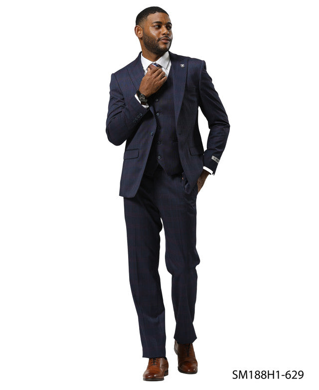 Navy Glen Check 3 Piece Notch Lapel Stacy Adams Men's Suit