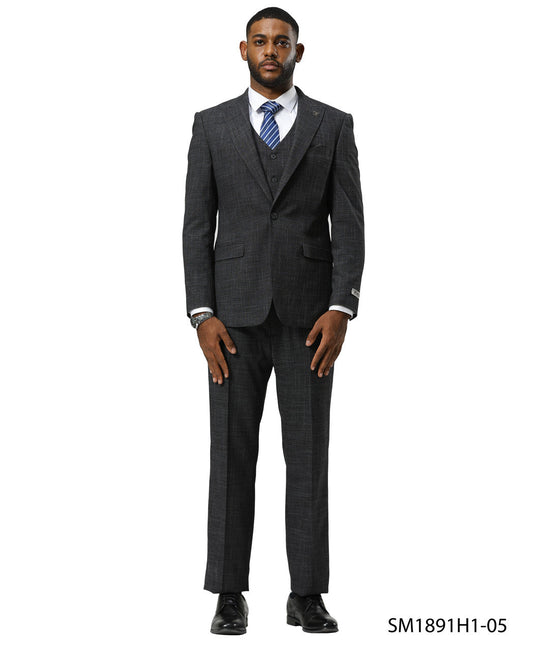 Charcoal Tattersall Plaid 3 Piece Notch Lapel Stacy Adams Men's Suit
