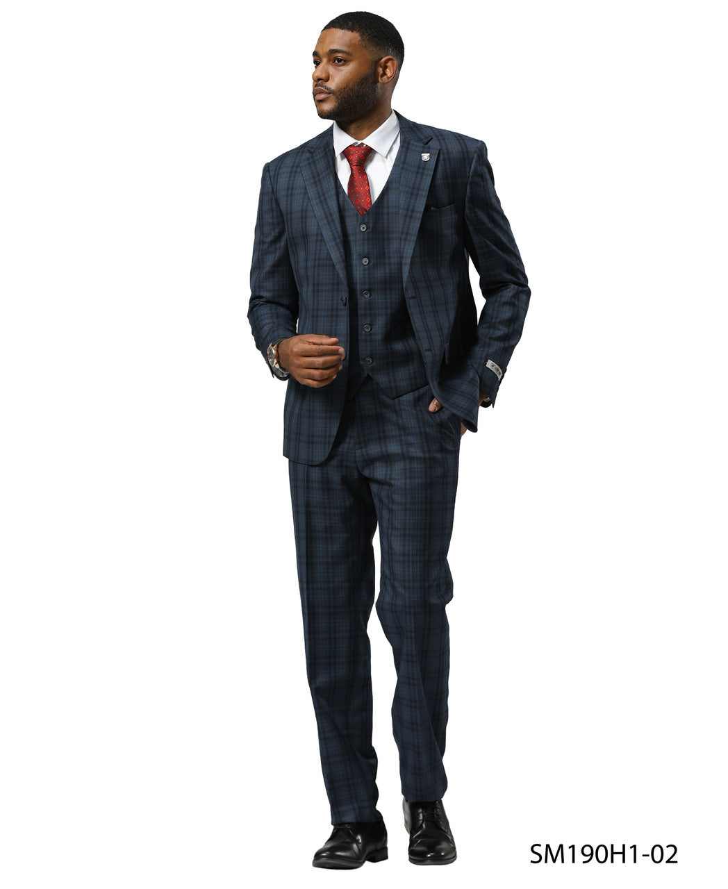 Navy Glen Plaid 3 Piece Notch Lapel Stacy Adams Men's Suit