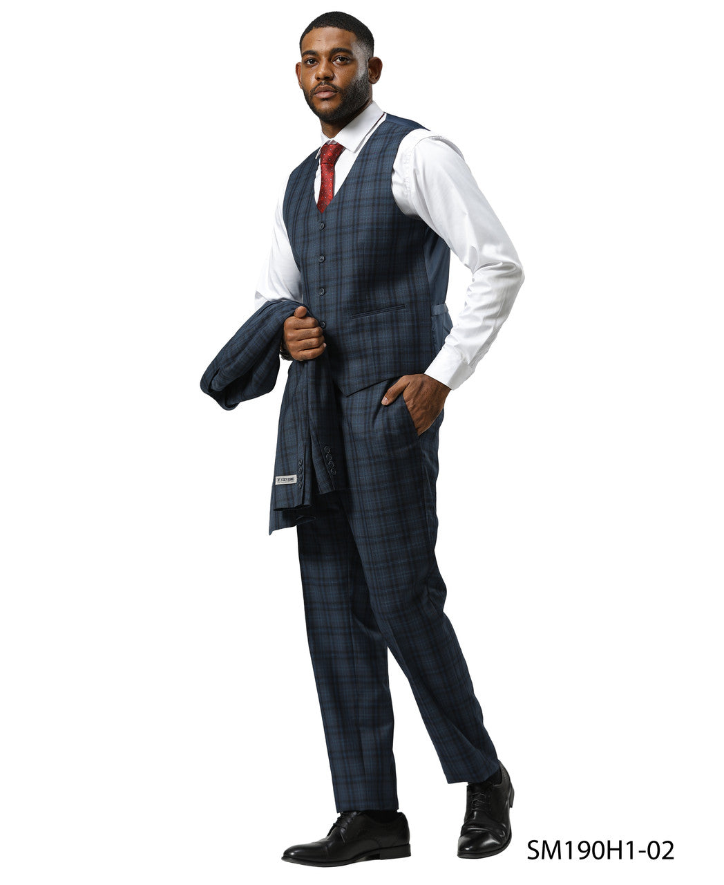 Navy Glen Plaid 3 Piece Notch Lapel Stacy Adams Men's Suit