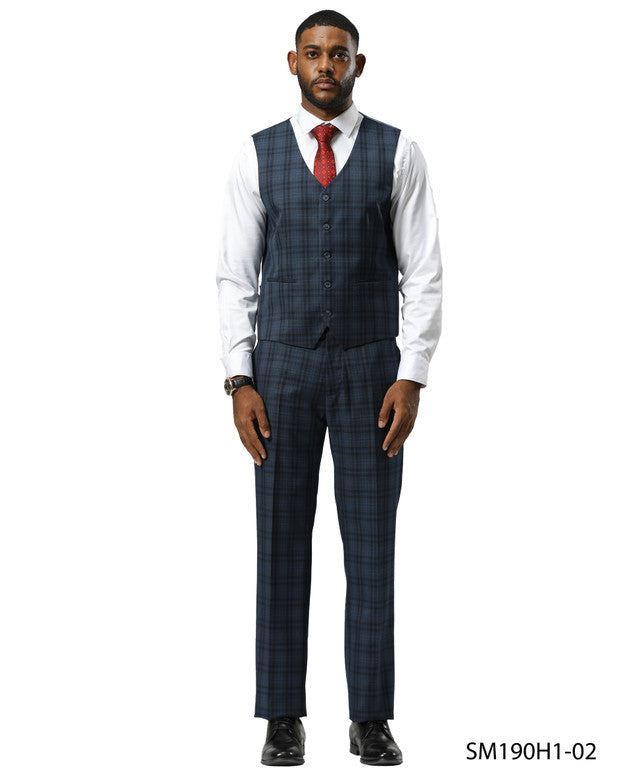 Navy Glen Plaid 3 Piece Notch Lapel Stacy Adams Men's Suit