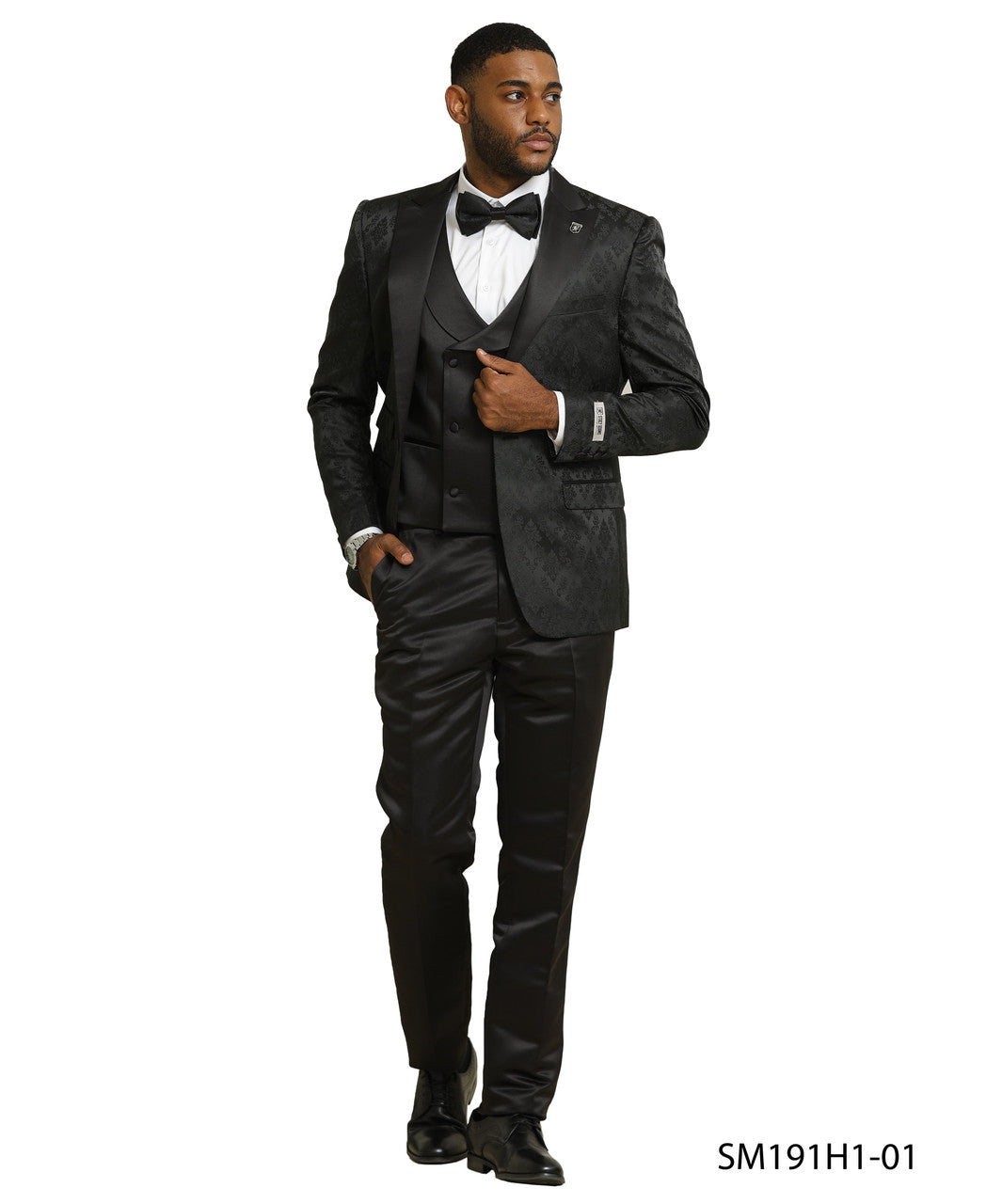 Black Floral Pattern 3 Piece Satin Peak Lapel Stacy Adams Men's Double Breasted Vest