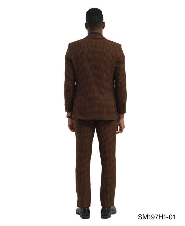 Brown Checkered Plaid 3 Piece Peak Lapel Stacy Adams Men's Hybrid Suit
