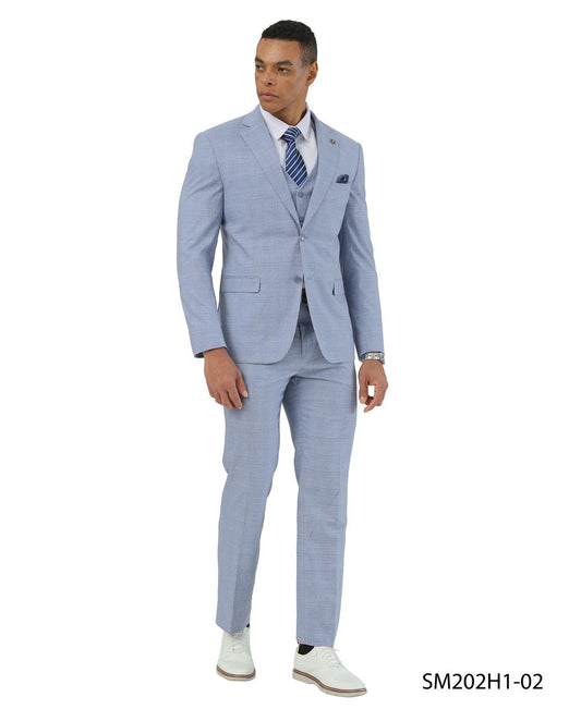 Light Blue Windowpane Notch Lapel 3 Piece Stacy Adams Men' Suit