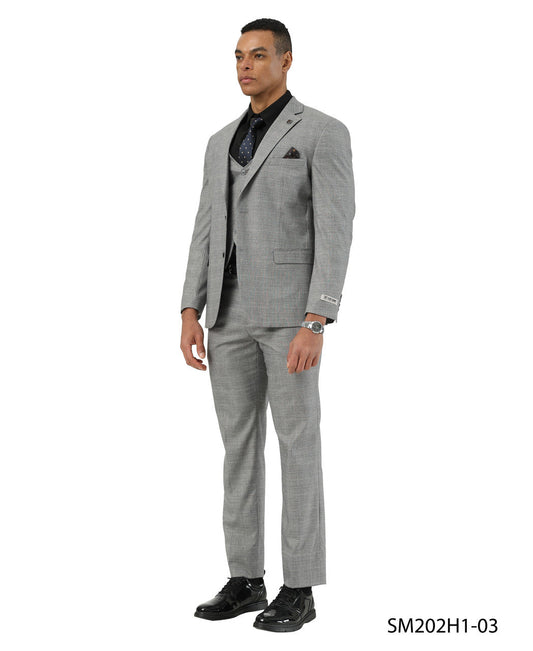 Light Gray Windowpane Notch Lapel 3 Piece Stacy Adams Men' Suit
