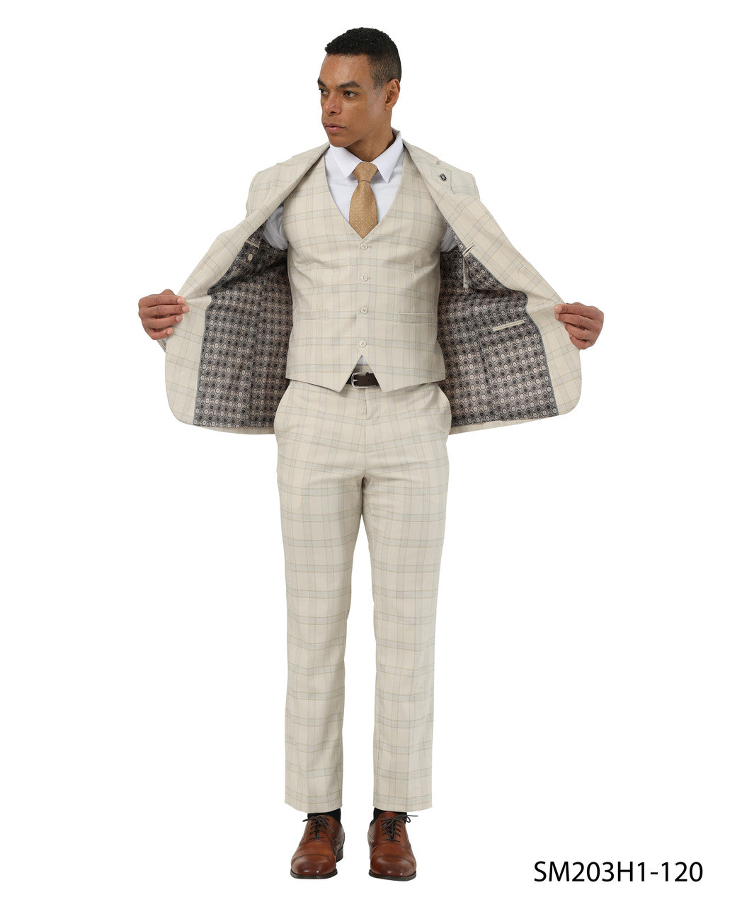 Beige Plaid Notch Lapel 3 Piece Stacy Adams Men' Suit