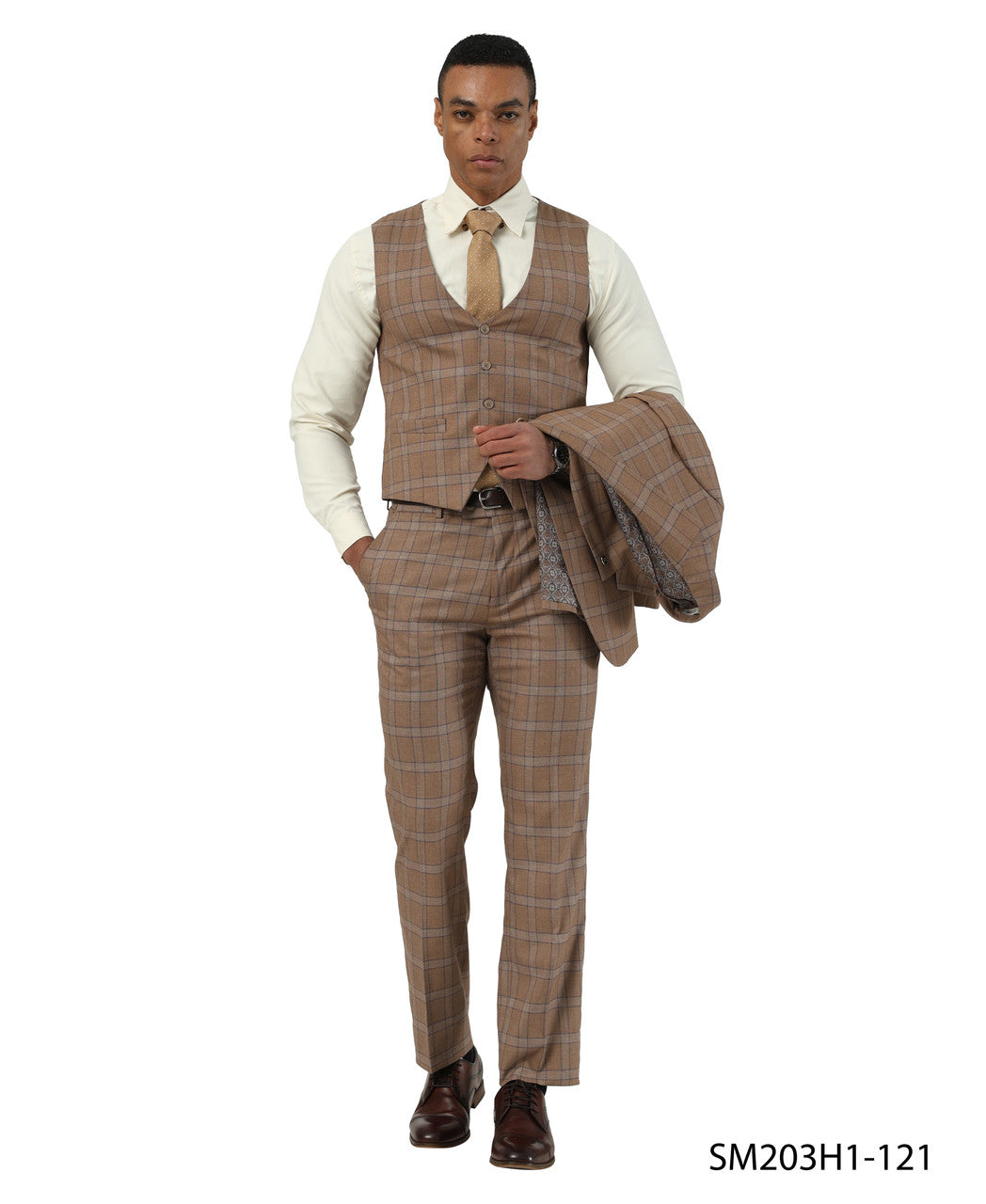 Brown Plaid Notch Lapel 3 Piece Stacy Adams Men' Suit