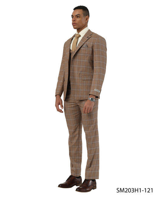 Brown Plaid Notch Lapel 3 Piece Stacy Adams Men' Suit