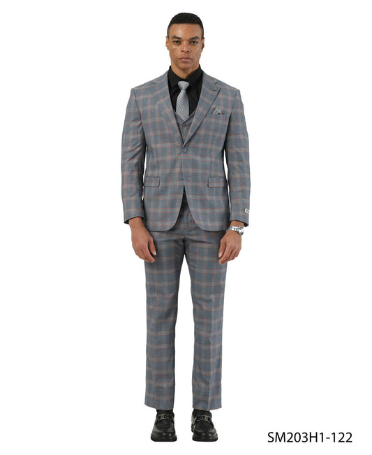 Orange/Grey Plaid Notch Lapel 3 Piece Stacy Adams Men' Suit