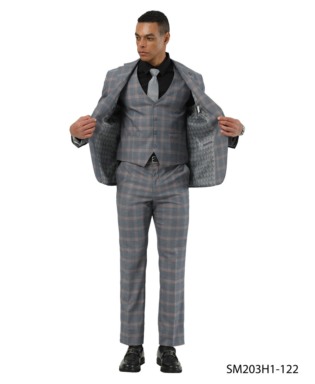 Orange/Grey Plaid Notch Lapel 3 Piece Stacy Adams Men' Suit