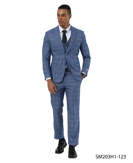 Blue Plaid Notch Lapel 3 Piece Stacy Adams Men' Suit