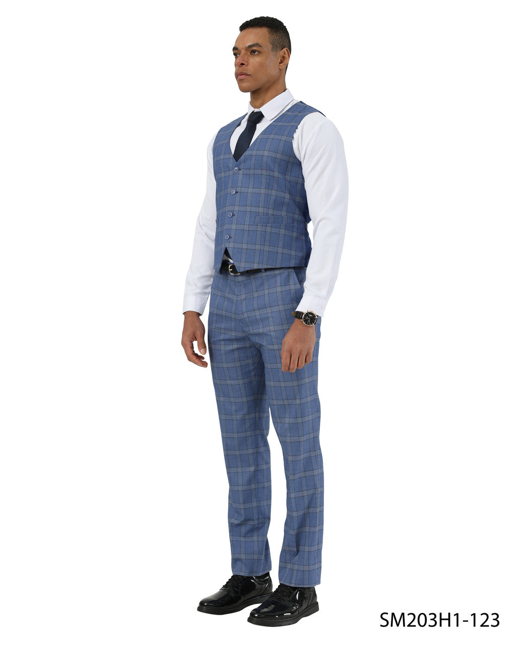 Blue Plaid Notch Lapel 3 Piece Stacy Adams Men' Suit