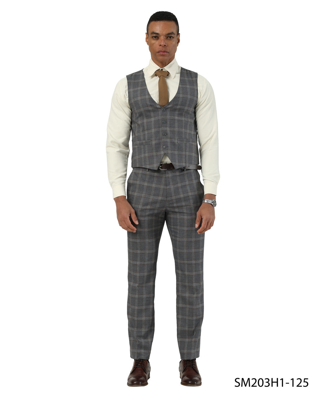 Grey/Brown Plaid Notch Lapel 3 Piece Stacy Adams Men' Suit