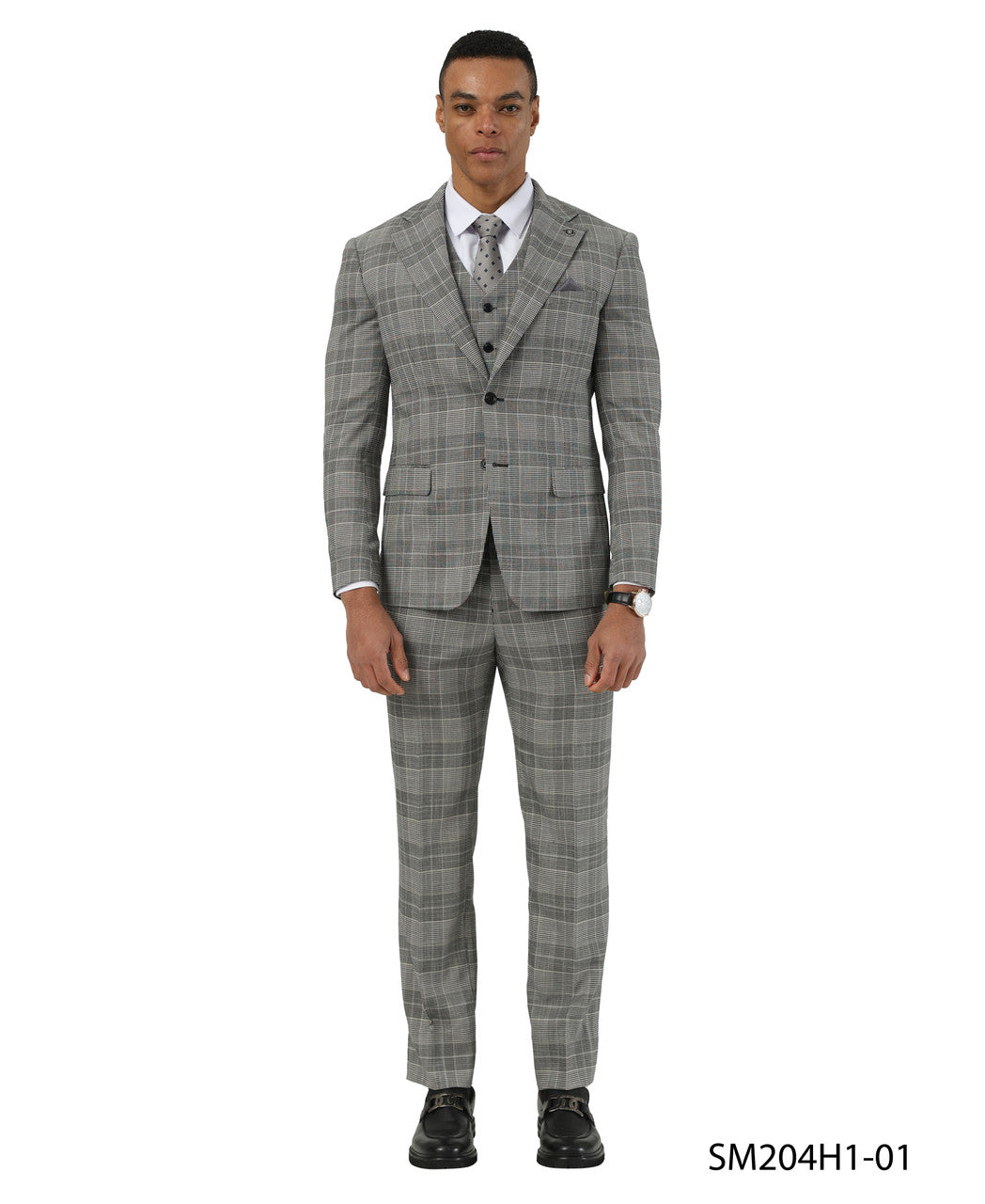 Light Gray Glen Plaid Notch Lapel 3 Piece Stacy Adams Men' Suit