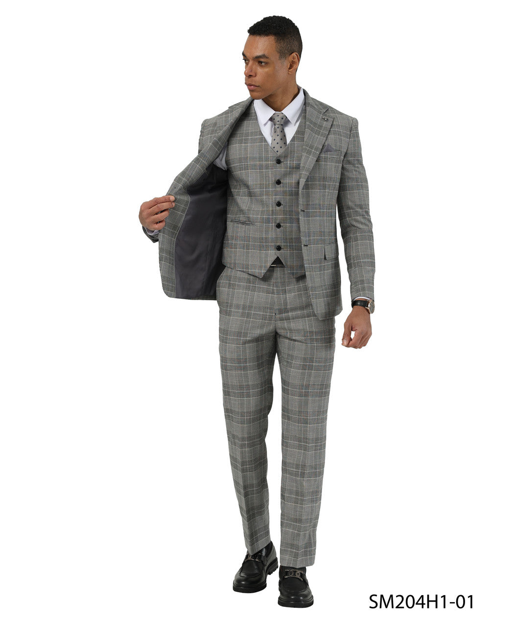 Light Gray Glen Plaid Notch Lapel 3 Piece Stacy Adams Men' Suit