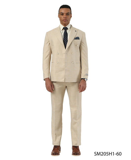 Beige Windowpane Peak Lapel Double Breasted 2 Piece Stacy Adams Men' Suit