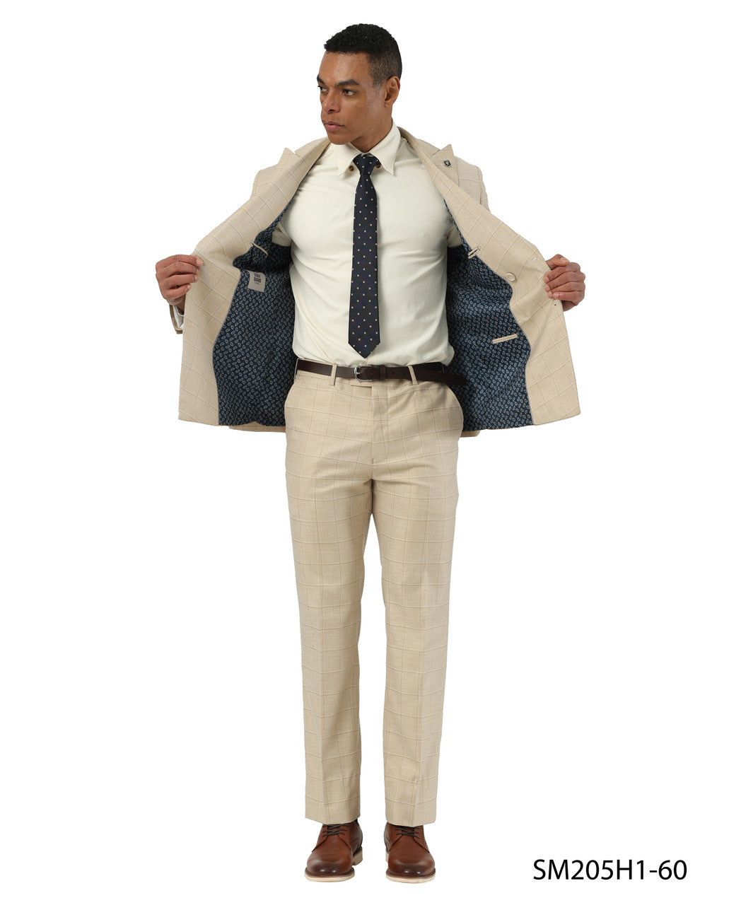 Beige Windowpane Peak Lapel Double Breasted 2 Piece Stacy Adams Men' Suit