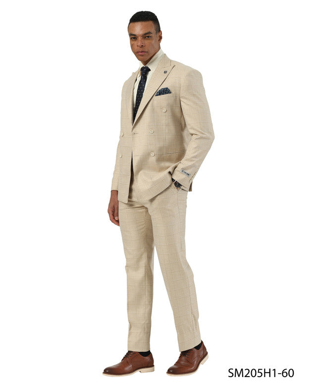 Beige Windowpane Peak Lapel Double Breasted 2 Piece Stacy Adams Men' Suit