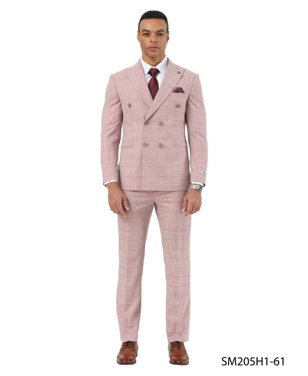 Pink Windowpane Peak Lapel Double Breasted 2 Piece Stacy Adams Men' Suit