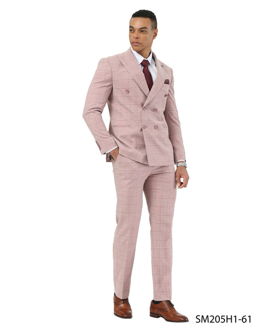 Pink Windowpane Peak Lapel Double Breasted 2 Piece Stacy Adams Men' Suit