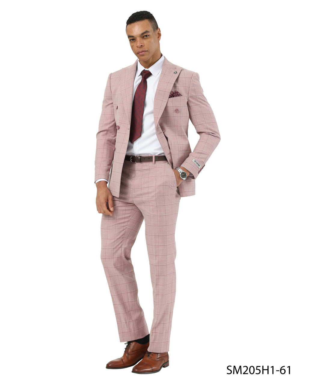 Pink Windowpane Peak Lapel Double Breasted 2 Piece Stacy Adams Men' Suit