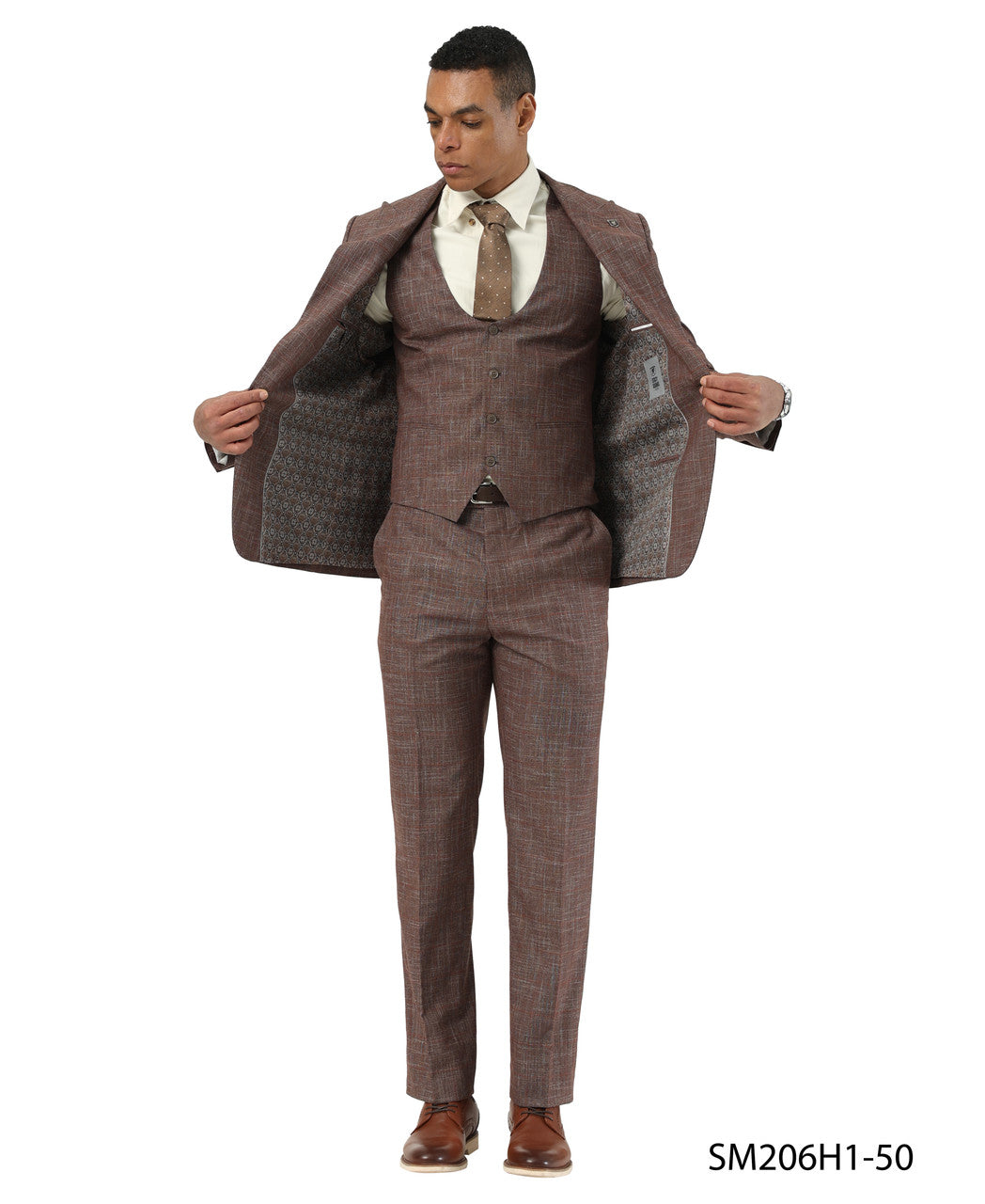 Brown Textured Windowpane Peak Lapel 3 Piece Stacy Adams Men' Suit