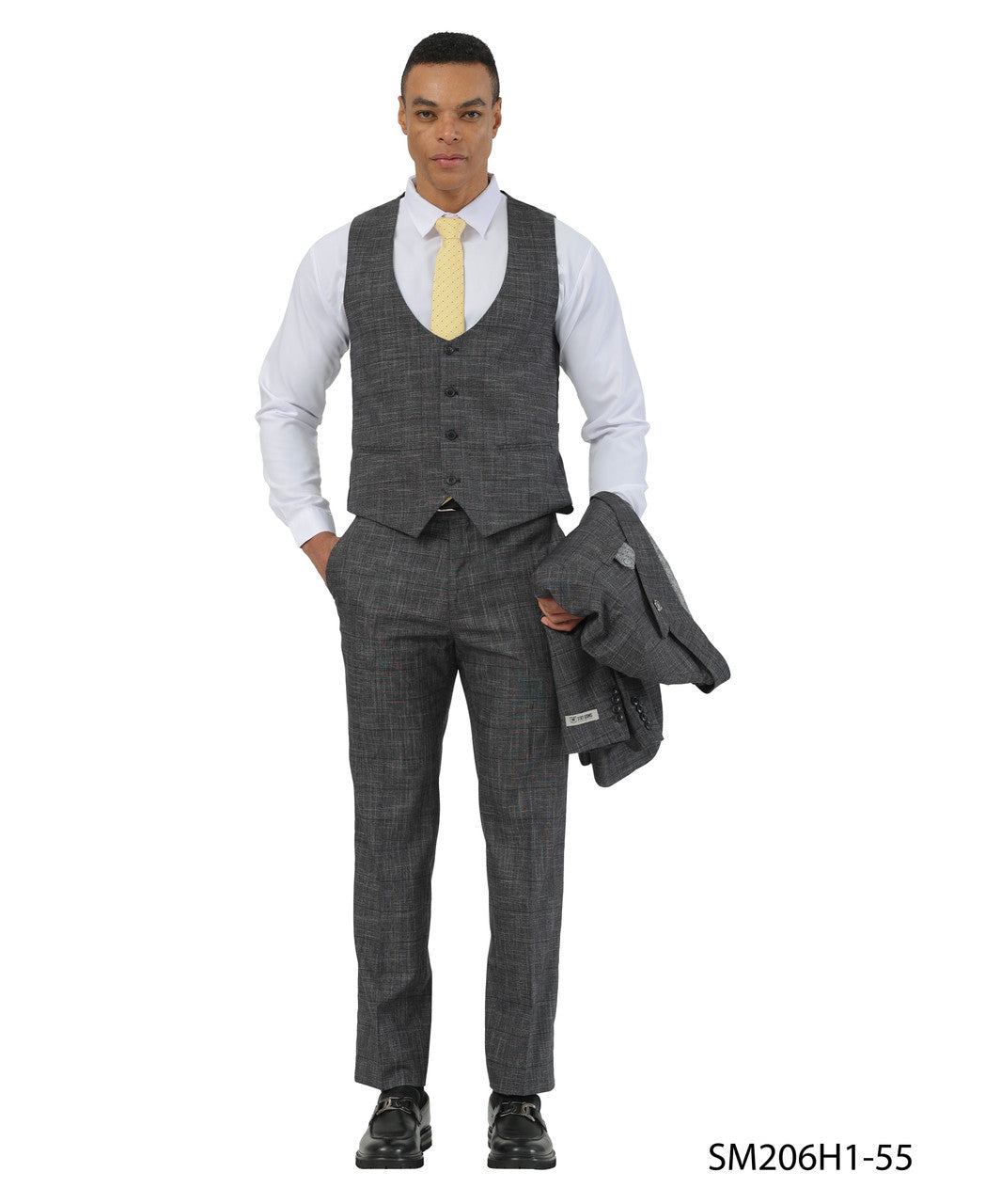 Black Textured Windowpane Peak Lapel 3 Piece Stacy Adams Men' Suit