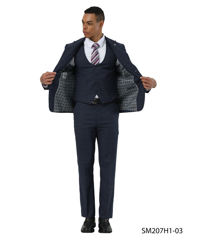 Navy Textured Glen Check Peak Lapel 3 Piece Stacy Adams Men' Suit