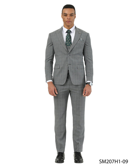 Gray Textured Glen Check Peak Lapel 3 Piece Stacy Adams Men' Suit
