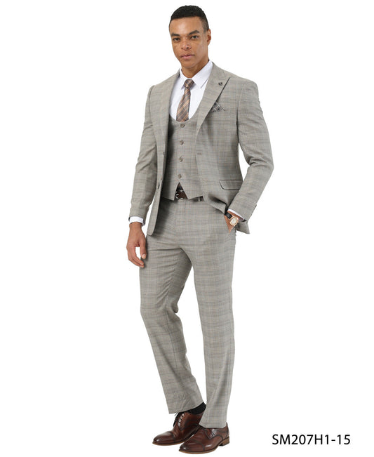 Khaki Textured Glen Check Peak Lapel 3 Piece Stacy Adams Men' Suit