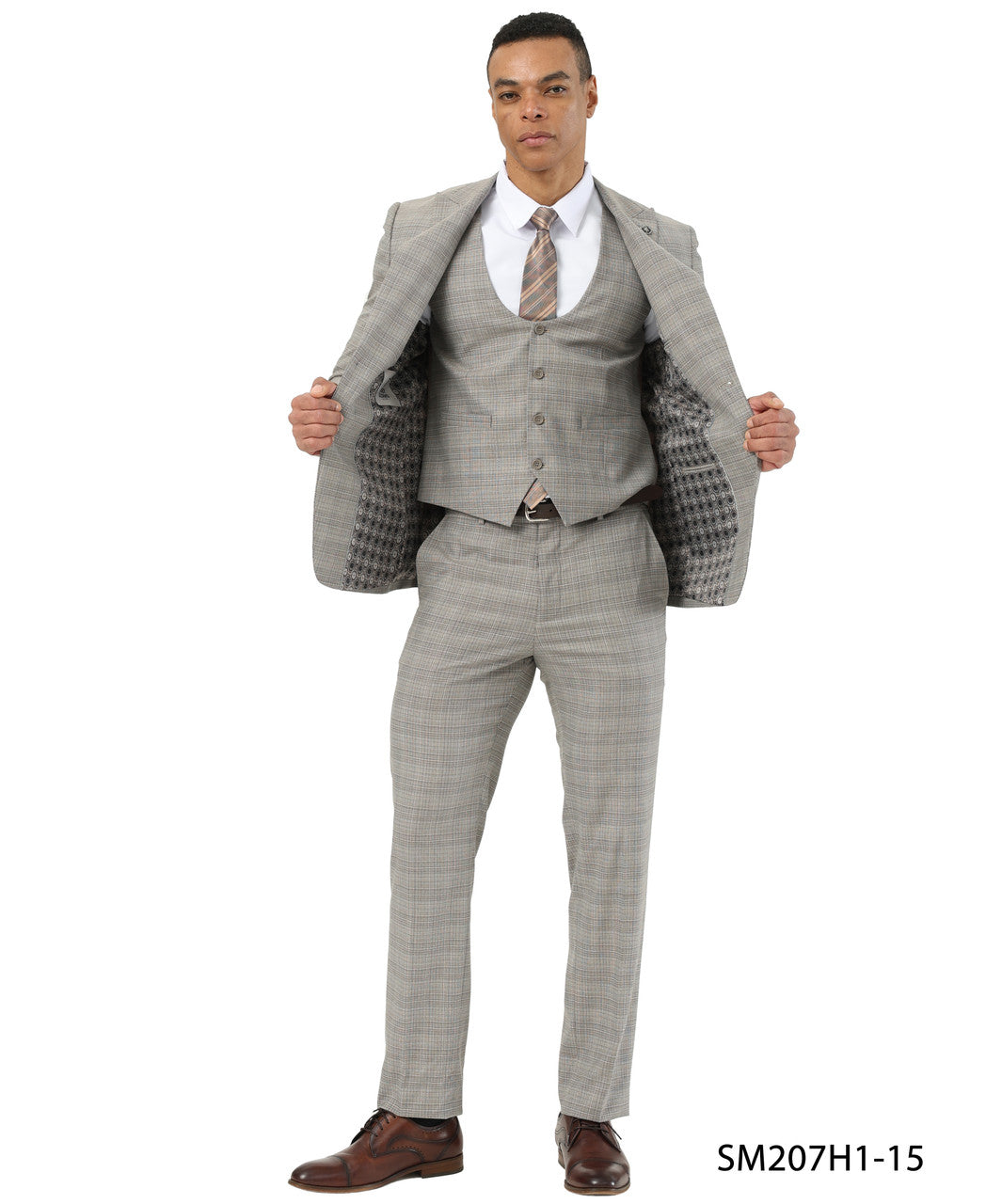 Khaki Textured Glen Check Peak Lapel 3 Piece Stacy Adams Men' Suit