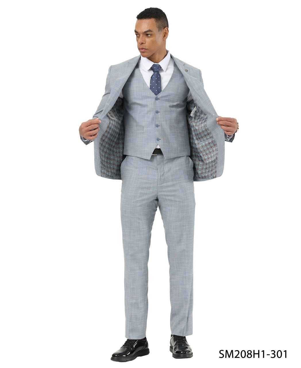Light Blue Crosshatch Pattern Notch Lapel 3 Piece Stacy Adams Men' Suit