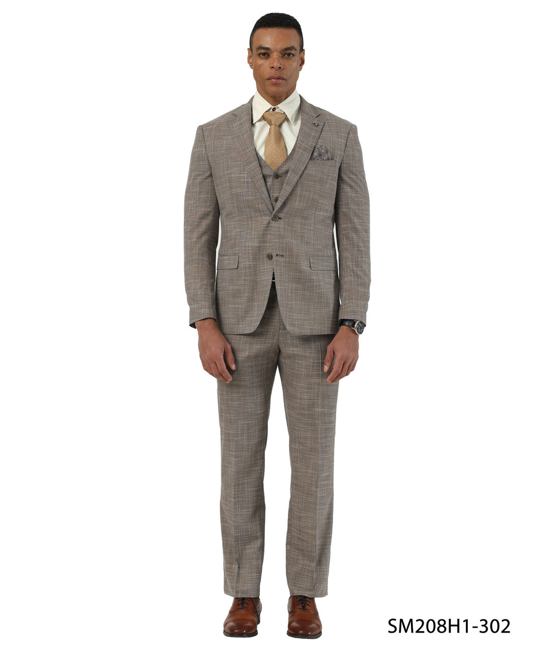 Brown Crosshatch Pattern Notch Lapel 3 Piece Stacy Adams Men' Suit