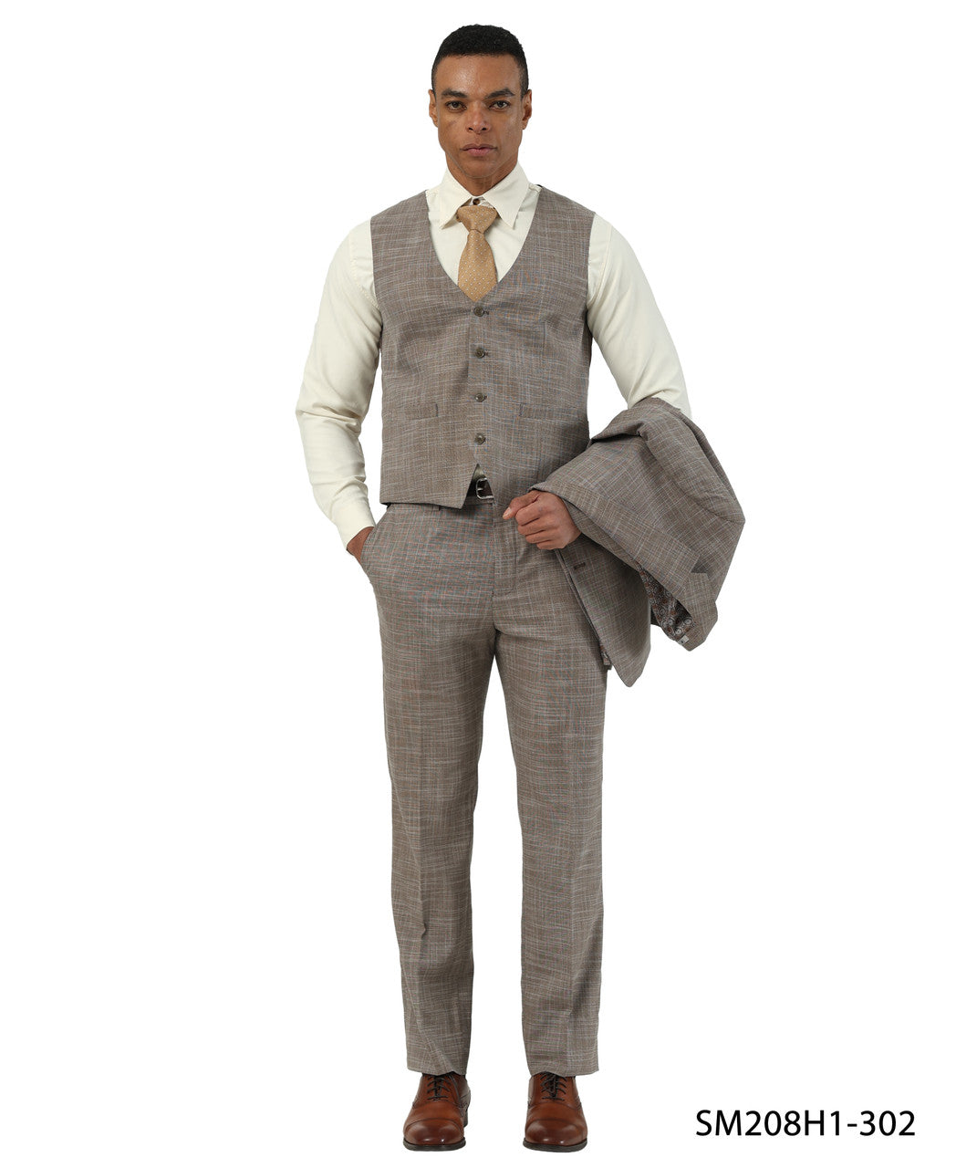 Brown Crosshatch Pattern Notch Lapel 3 Piece Stacy Adams Men' Suit
