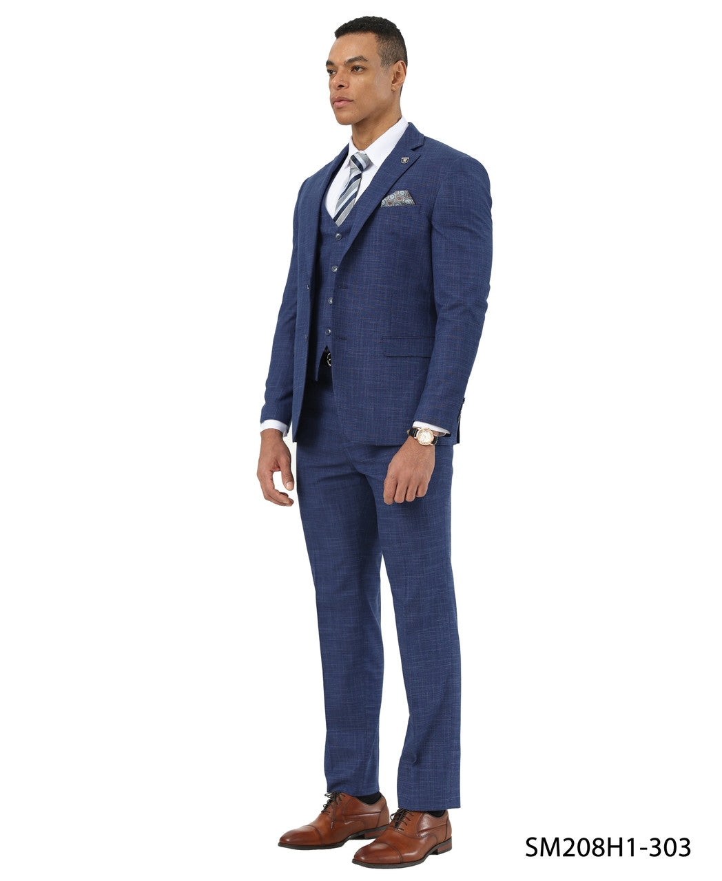 Indigo Crosshatch Pattern Notch Lapel 3 Piece Stacy Adams Men' Suit