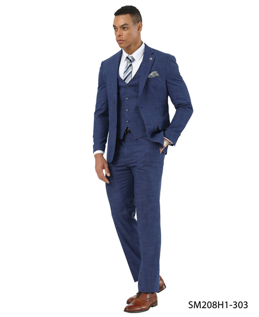 Indigo Crosshatch Pattern Notch Lapel 3 Piece Stacy Adams Men' Suit
