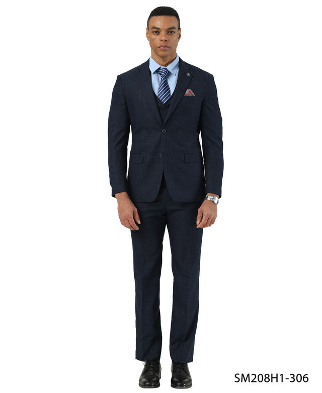 Navy Crosshatch Pattern Notch Lapel 3 Piece Stacy Adams Men' Suit