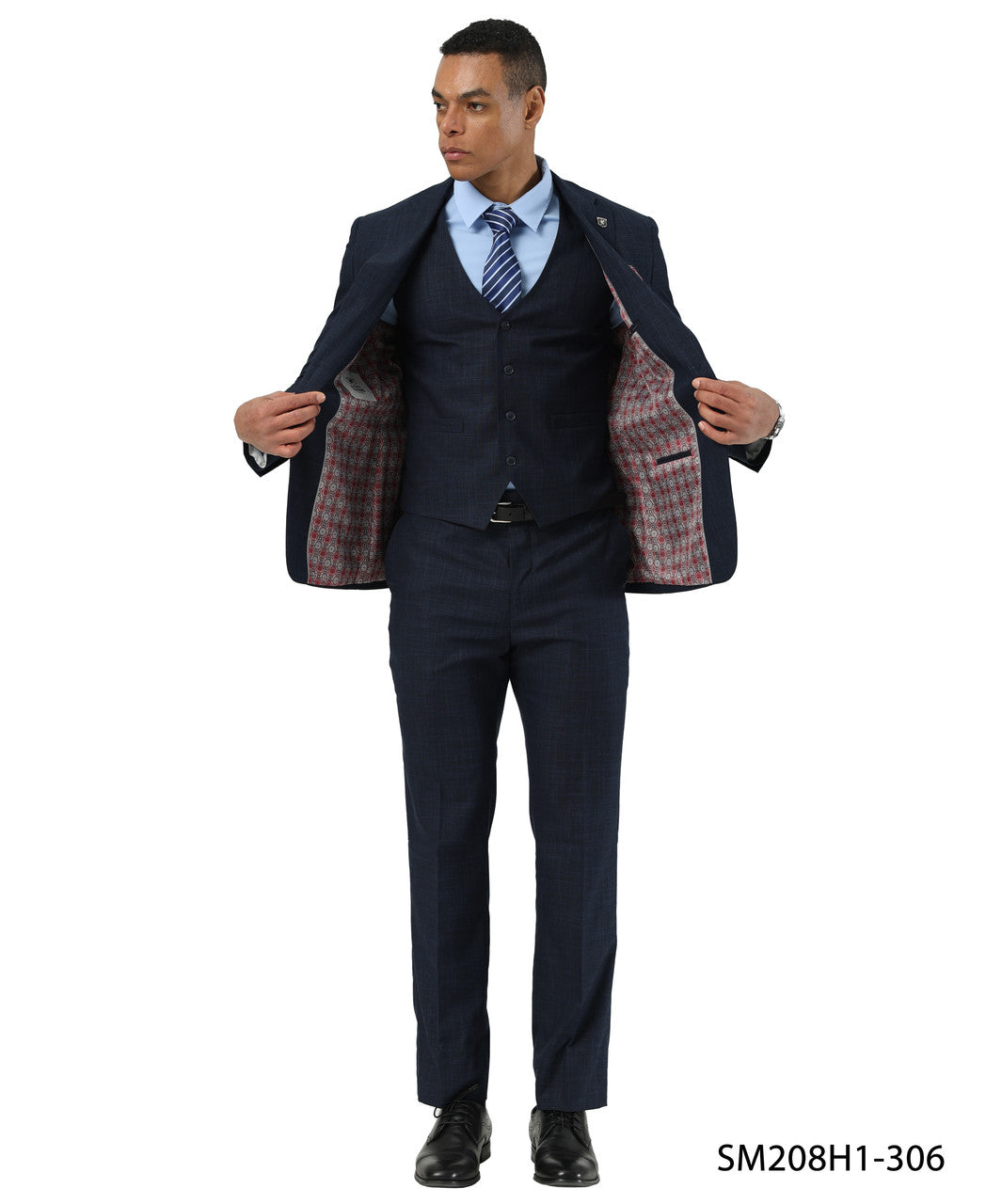 Navy Crosshatch Pattern Notch Lapel 3 Piece Stacy Adams Men' Suit