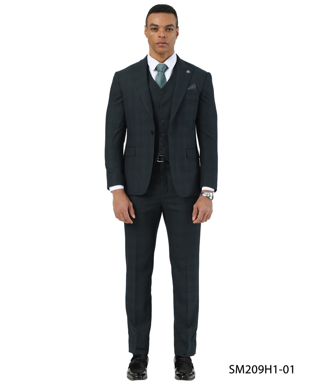 Green Glen Plaid Peak Lapel 3 Piece Stacy Adams Men' Suit
