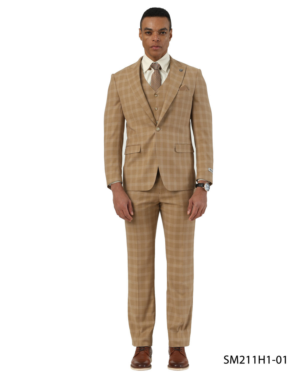 Taupe Glen Check Peak Lapel 3 Piece Stacy Adams Men' Suit