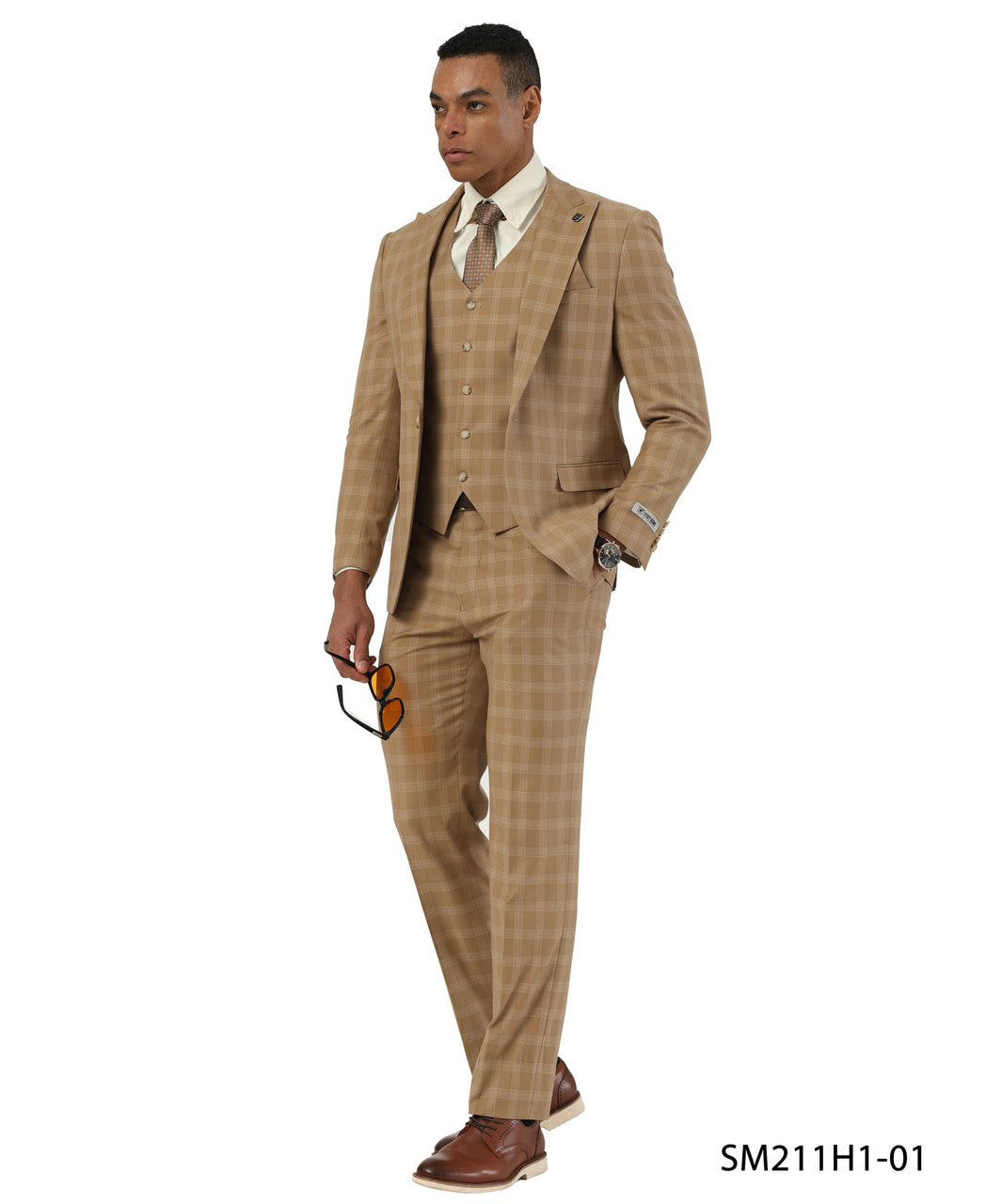 Taupe Glen Check Peak Lapel 3 Piece Stacy Adams Men' Suit
