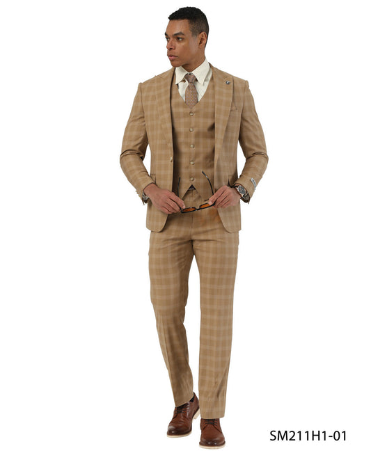 Taupe Glen Check Peak Lapel 3 Piece Stacy Adams Men' Suit