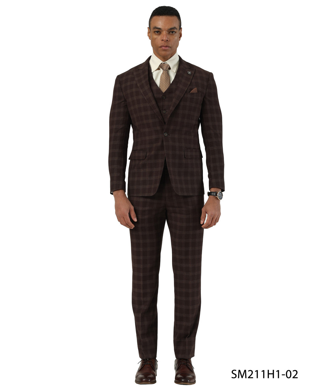 Coffee Glen Check Peak Lapel 3 Piece Stacy Adams Men' Suit