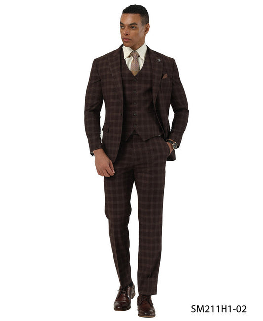 Coffee Glen Check Peak Lapel 3 Piece Stacy Adams Men' Suit