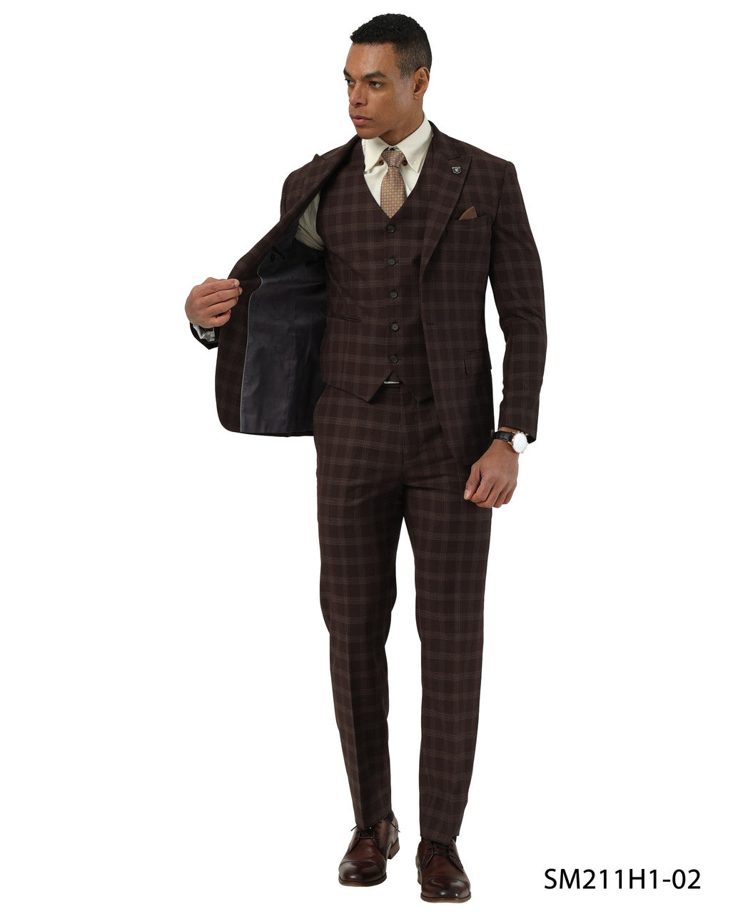Coffee Glen Check Peak Lapel 3 Piece Stacy Adams Men' Suit