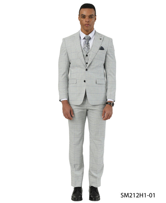 Light Gray Windowpane NotchLapel 3 Piece Stacy Adams Men' Suit