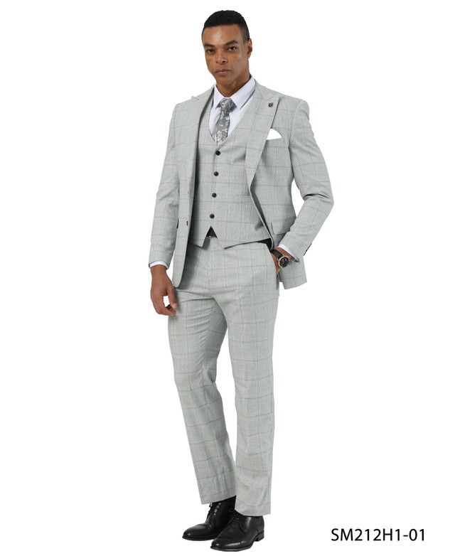 Light Gray Windowpane NotchLapel 3 Piece Stacy Adams Men' Suit